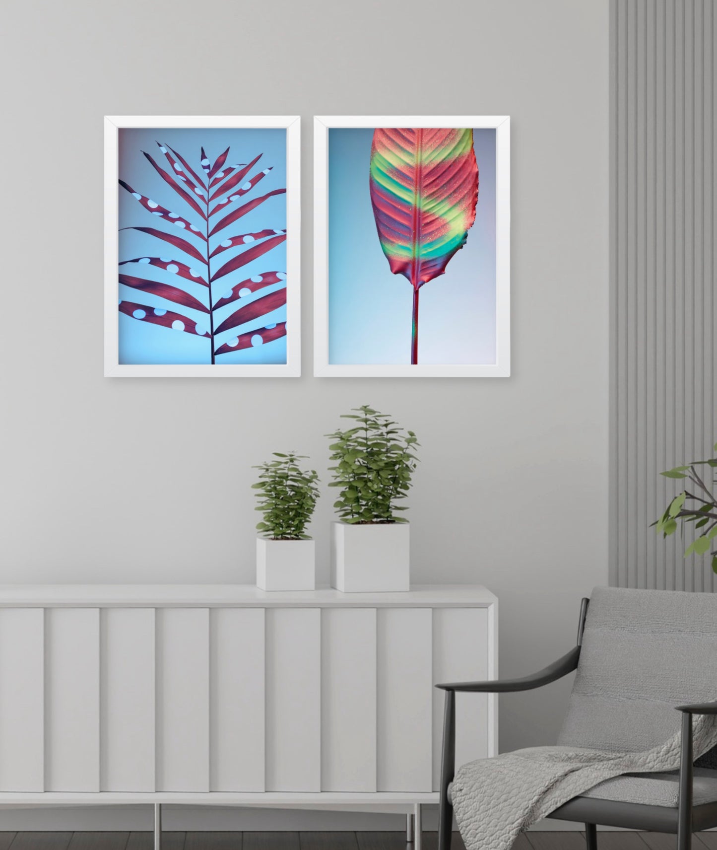 Tropical Wall Art Set of 2, Blue Botanical Plants wall decor Frames