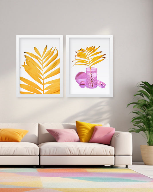 Tropical Wall Art Set of 2, pink glass vase, yellow leaf Botanical Plants wall decor Frames