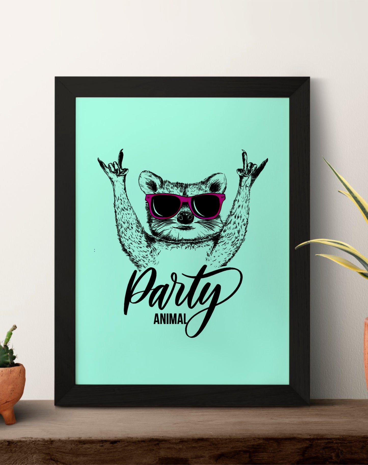 Party animal, racoon illustration quote, wall decor Frames