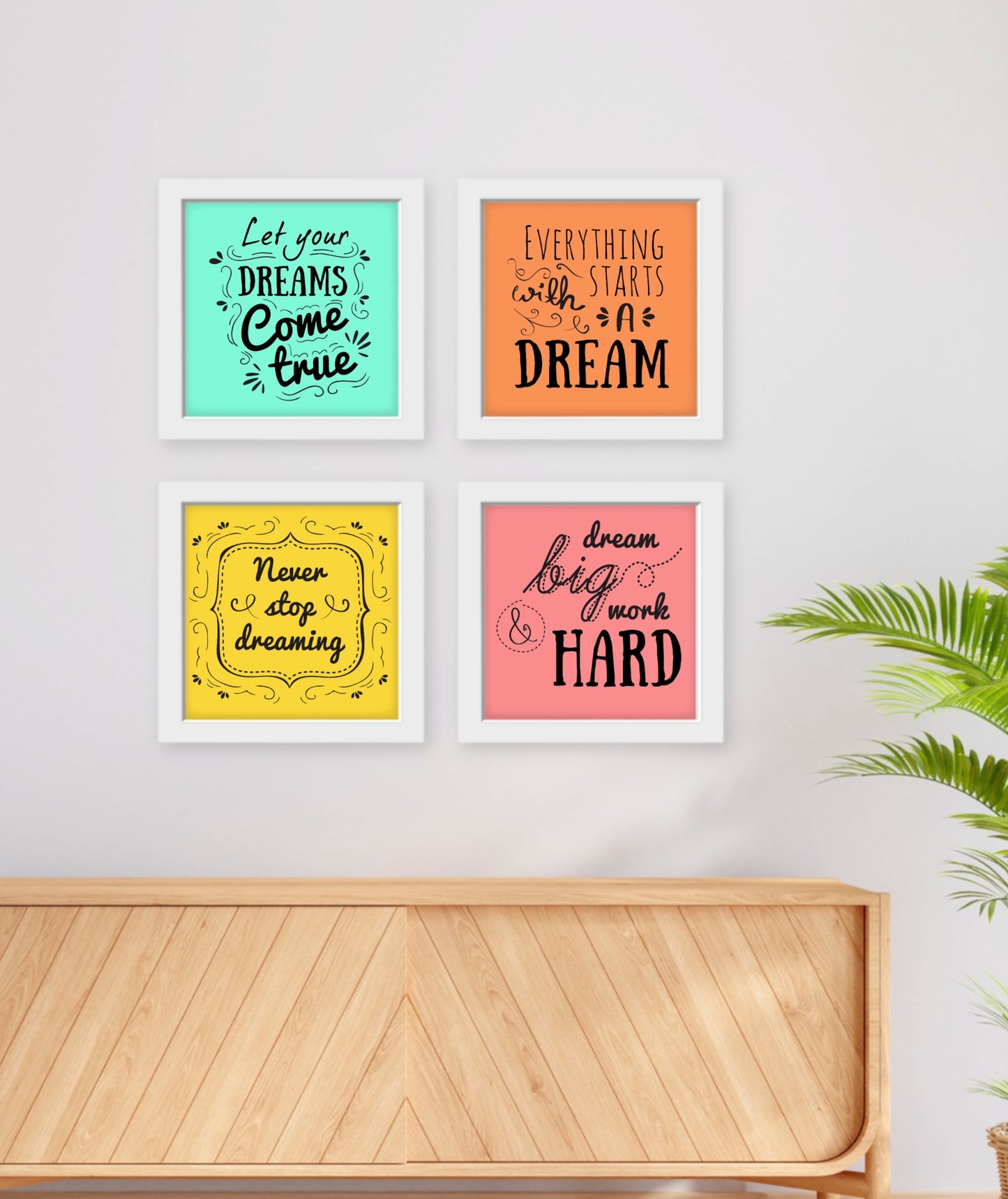 Positive words Set of 4, typography, colourful quotes, wall decor Frames