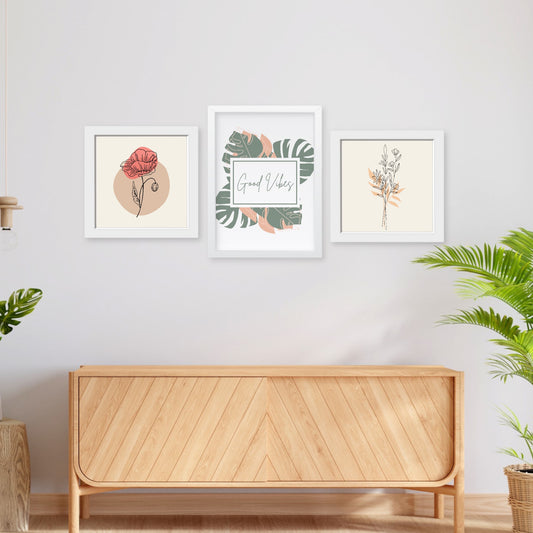 Tropical Wall Art Set of 3, beige Botanical Plants wall decor Frames