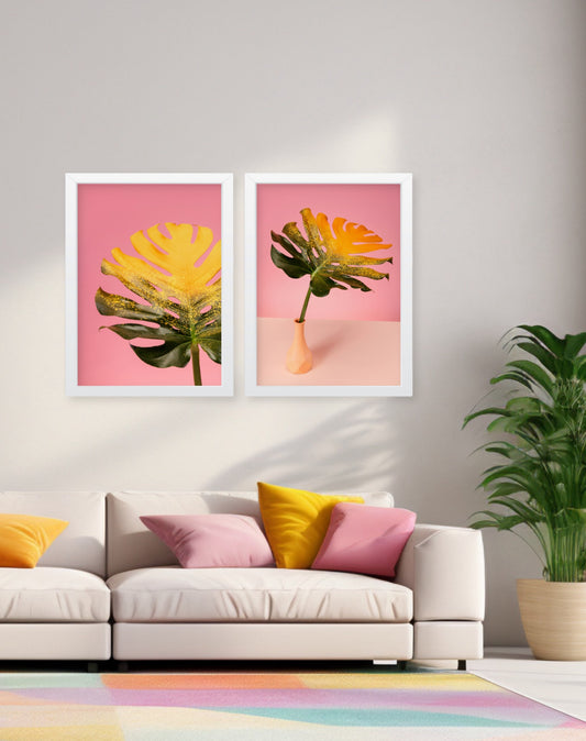 Tropical Wall Art Set of 2, Monstera Leaf, Pink yellow and green, Botanical Plants wall decor Frames