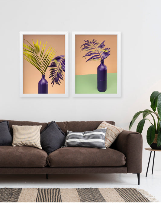 Tropical Wall Art Set of 2, violet vase, Botanical Plants wall decor Frames