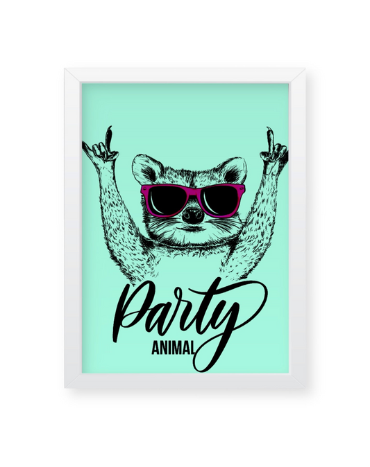 Party animal, racoon illustration quote, wall decor Frames