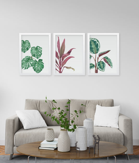 Tropical Wall Art Set of 3, water color effect Botanical Plants wall decor Frames