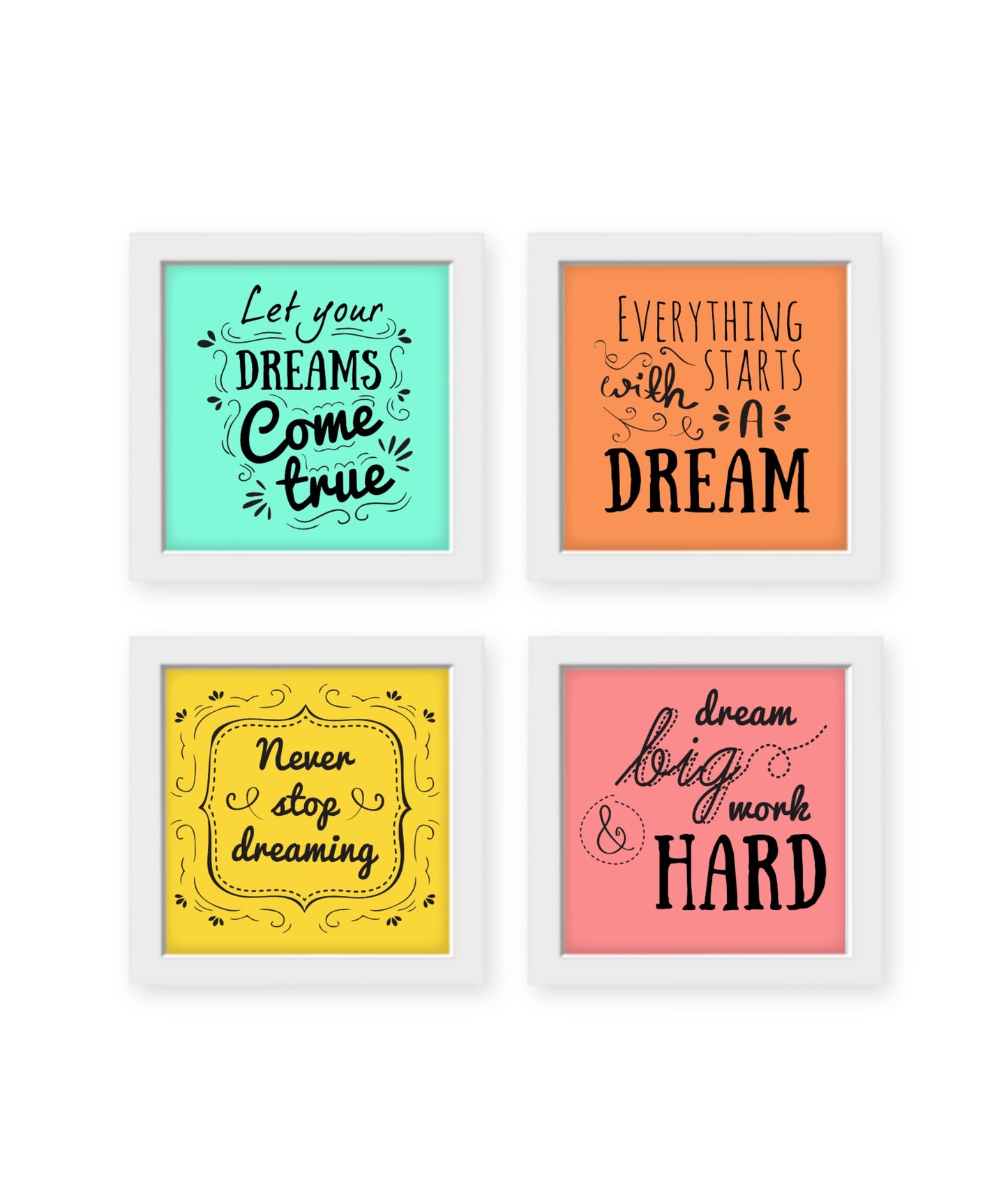 Positive words Set of 4, typography, colourful quotes, wall decor Frames